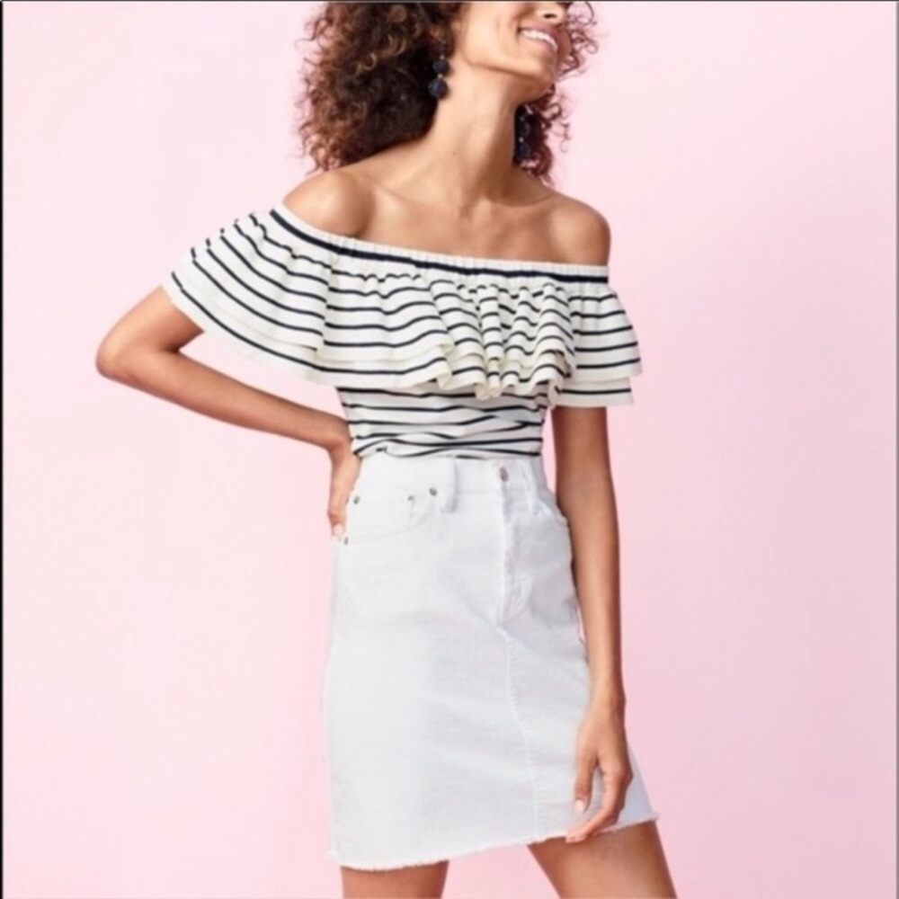 J. Crew Lightweight Striped Off The Shoulder Ruffle Black/Cream Sweater Small